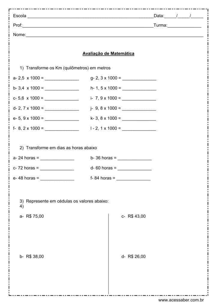 Avaliação de matemática - 6º ano