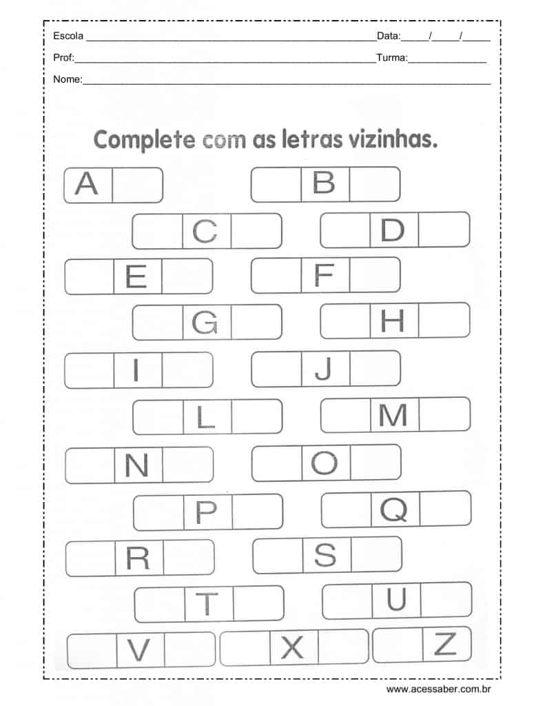 Atividade de alfabetização - Complete o alfabeto - Acessaber
