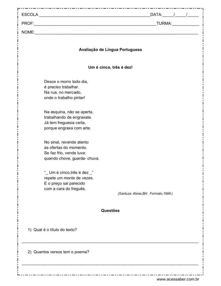 prova de língua portuguesa 5º ano