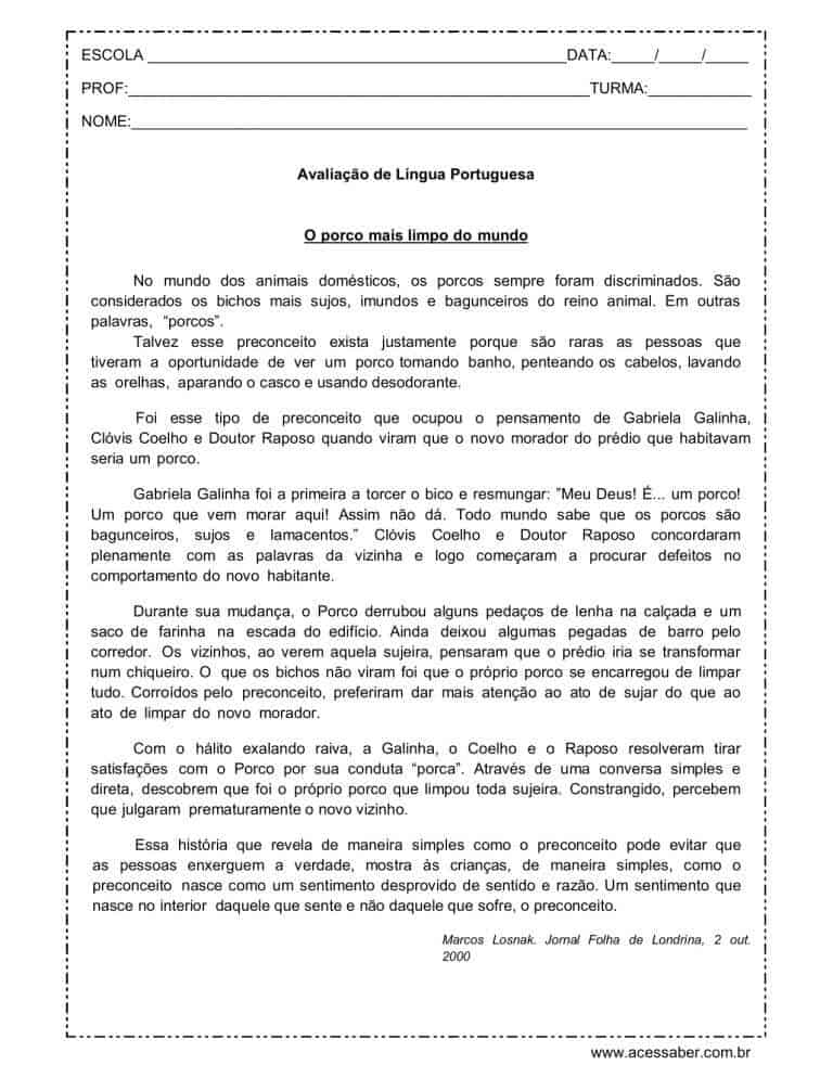 prova de língua portuguesa 5º ano
