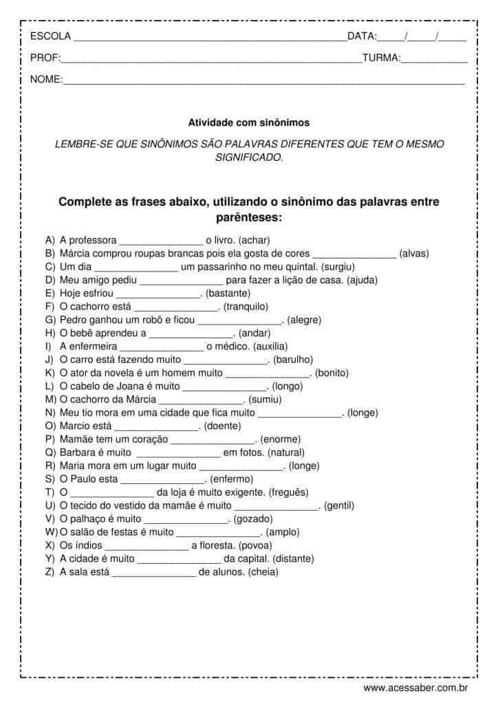 Atividade de língua portuguesa Sinônimos 4ºou 5º ano