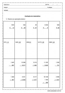 Avaliação de matemática: Os quatro operadores e problemas - 5º ano
