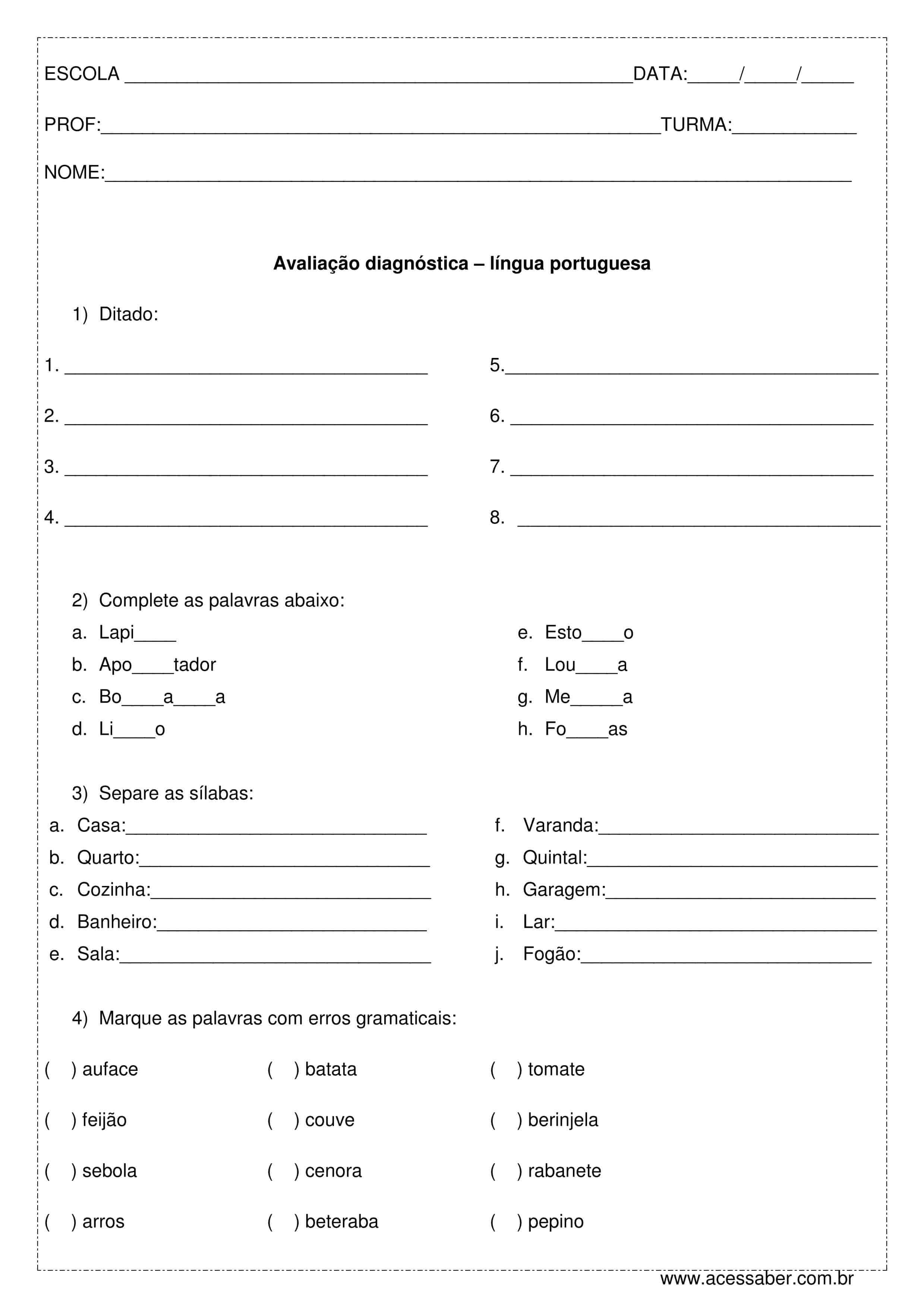 Avaliação diagnóstica – língua portuguesa (5º ano)