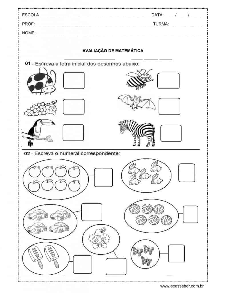 Avaliação de matemática - 1º ano