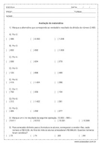 Avaliação de matemática: Divisão e problemas - 6º ano