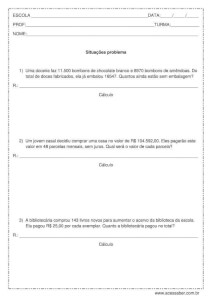 Problemas de matemática: Subtração, Multiplicação e Divisão - 4º ou 5º ano