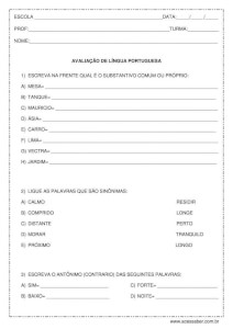 Avaliação de português: Gramática - 4º ou 5º ano