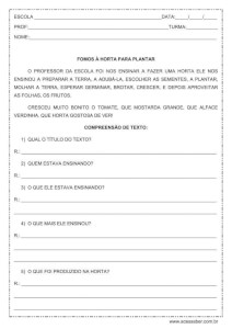Interpretação de texto: Fomos à horta para plantar - 1º ou 2º ano