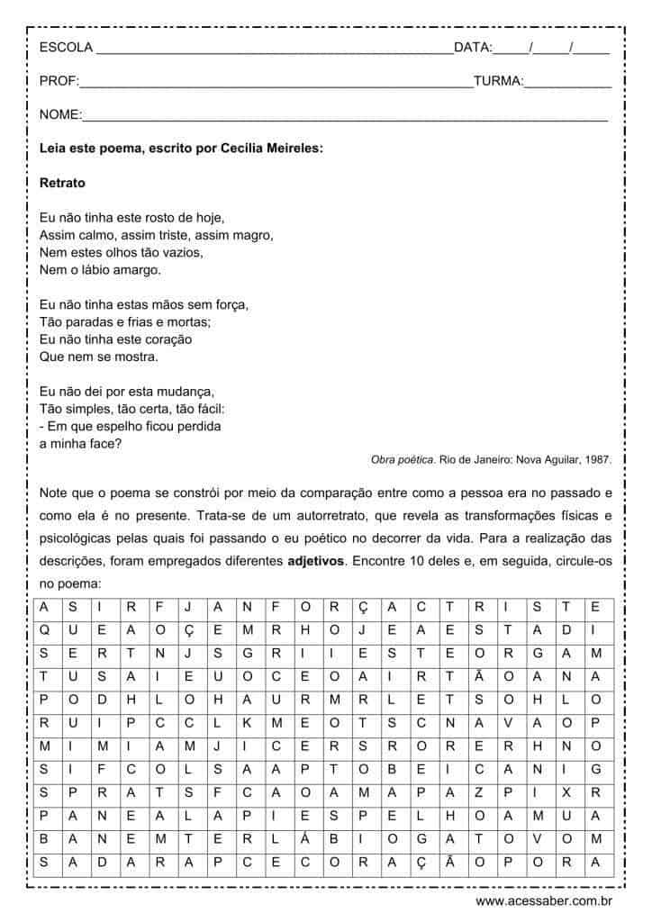 Atividade de português: Adjetivos - 7º ano