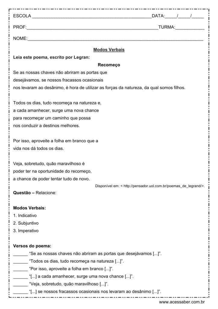 Atividade de português: Modos verbais - 1º ano