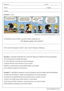 Atividade de português: Os pronomes relativos na construção de sentenças - Ensino médio