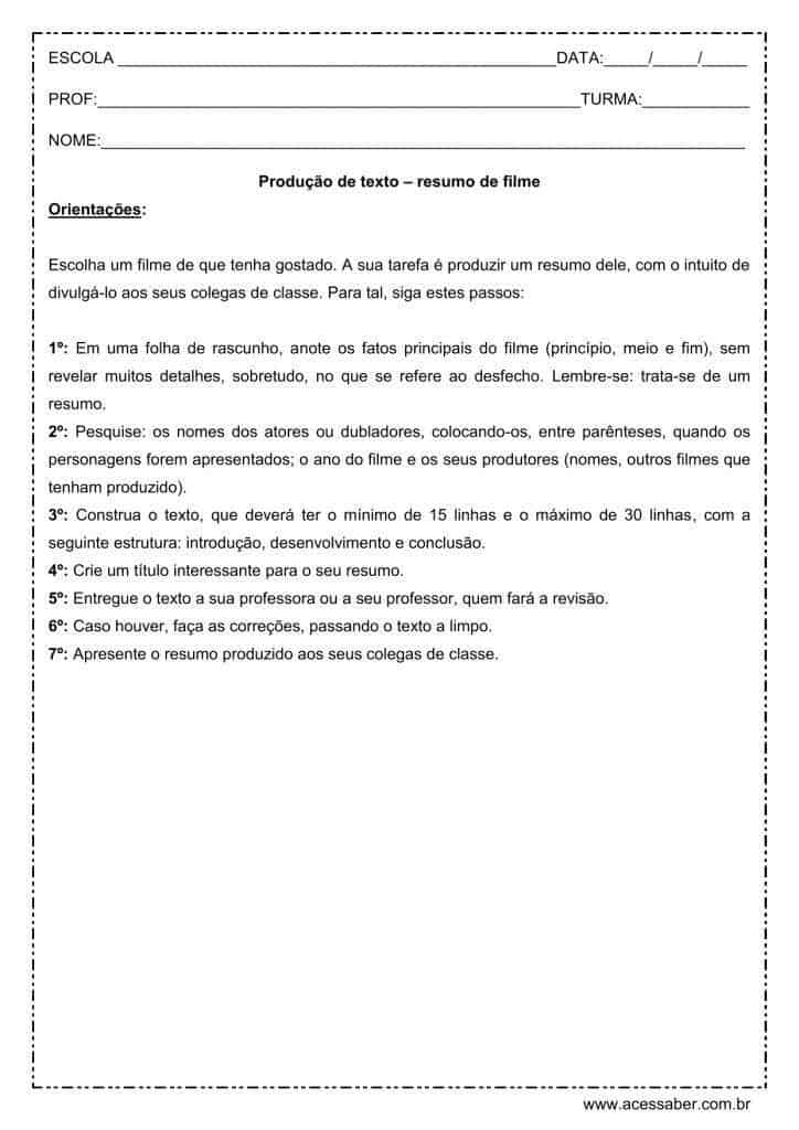 Atividade de português: Produção de texto - Resumo de filme - 6º ano