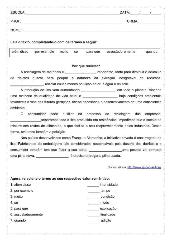 Atividade de português: Os conectivos na construção do texto "Por que reciclar" - 1º ano do ensino médio