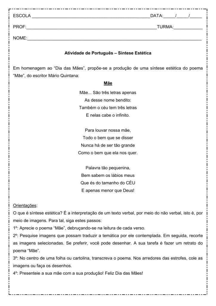 Atividade de português: Síntese estética - Poema Mãe de Mario Quintana