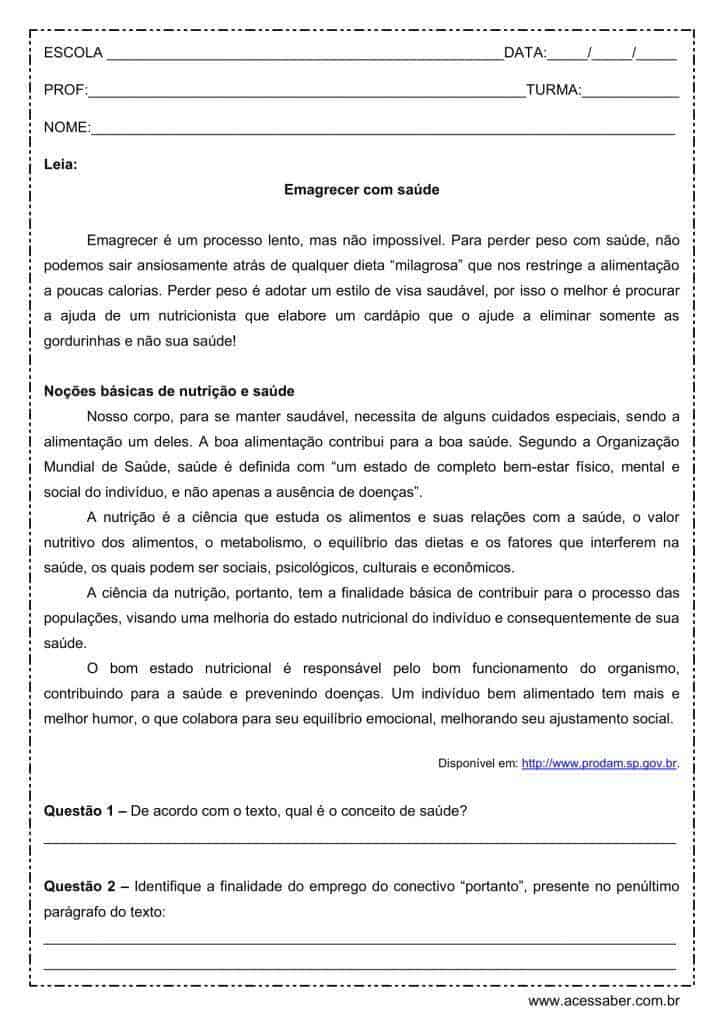 Interpretação de texto: Emagrecer com saúde - 2º ano do ensino médio