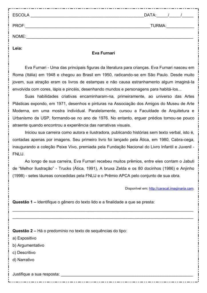 Interpretação de texto: Eva Furnari - 1º ano do ensino médio