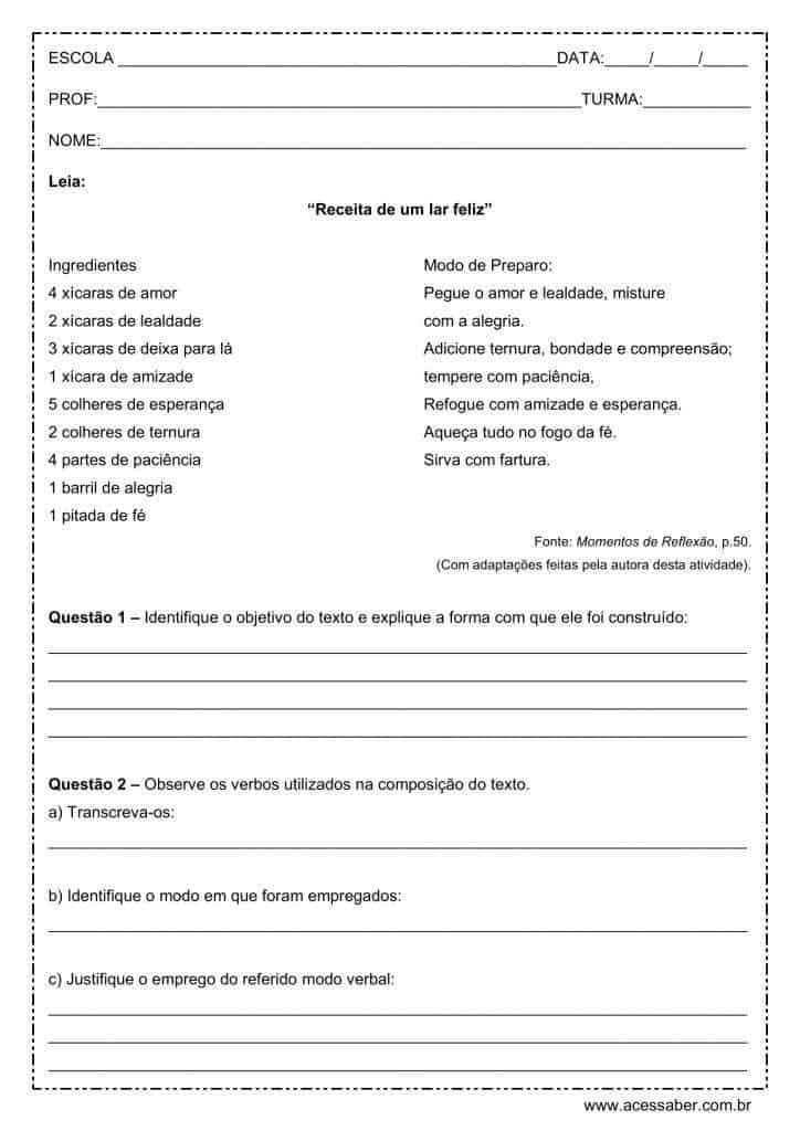 Interpretação de texto: Receita de um lar feliz - 8º ano