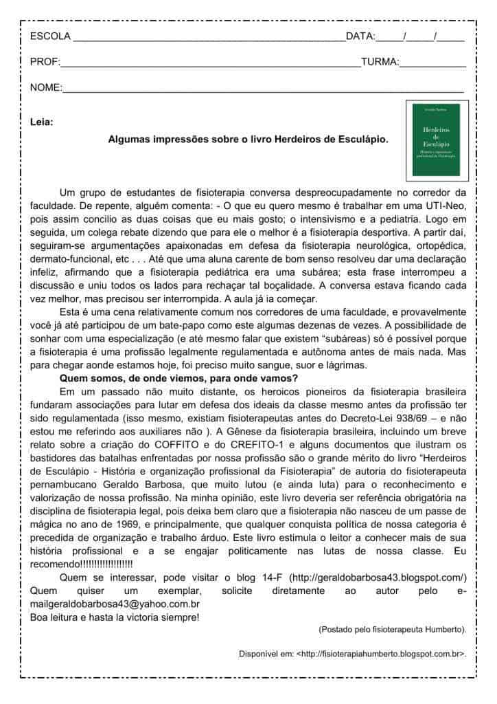 Interpretação de texto: Resenha do livro "Herdeiros de Esculapio" - 3º ano do ensino médio