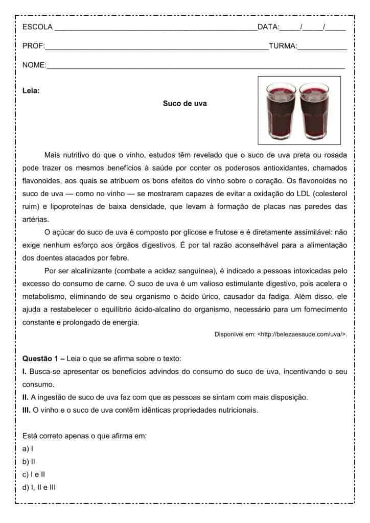 Interpretação de texto: Suco de uva - 2º ano do ensino médio