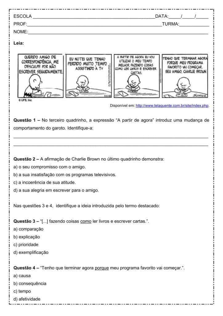 Interpretação de texto: Tira Charlie Brown - 9º ano
