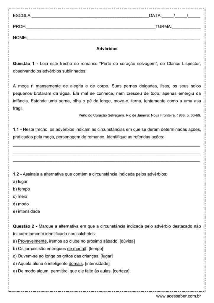 Atividade de português: Advérbios - 2º ano do ensino médio