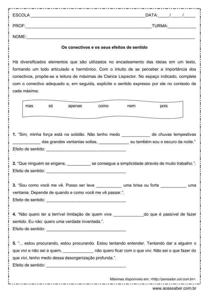 Atividade de português: Os conectivos e seus efeitos de sentido “Clarice Lispector” - Ensino médio