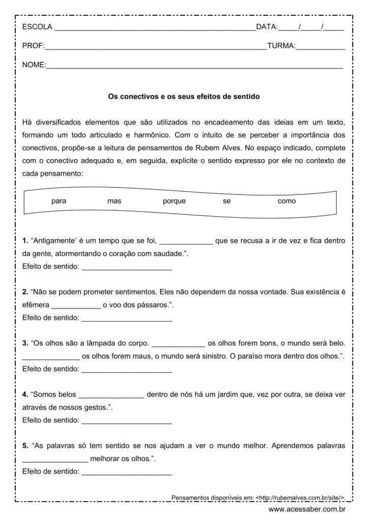 Atividade de português: Os conectivos e seus efeitos de sentido - Ensino médio