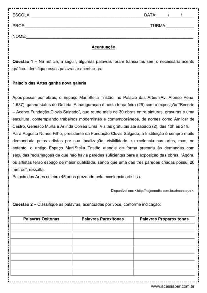Atividade de português: Oxítonas, paroxítonas e proparoxítonas - 7º ano