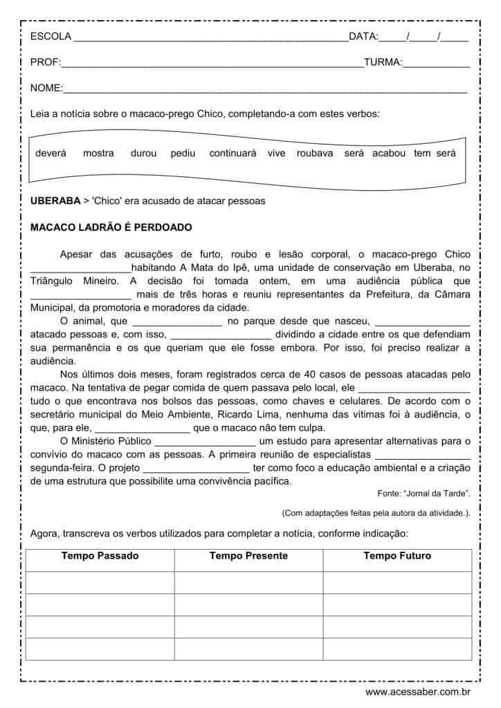 Atividade de português: Tempos verbais - 6º ano
