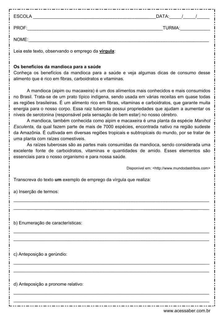 Atividade de português: Uso da vírgula - Ensino médio