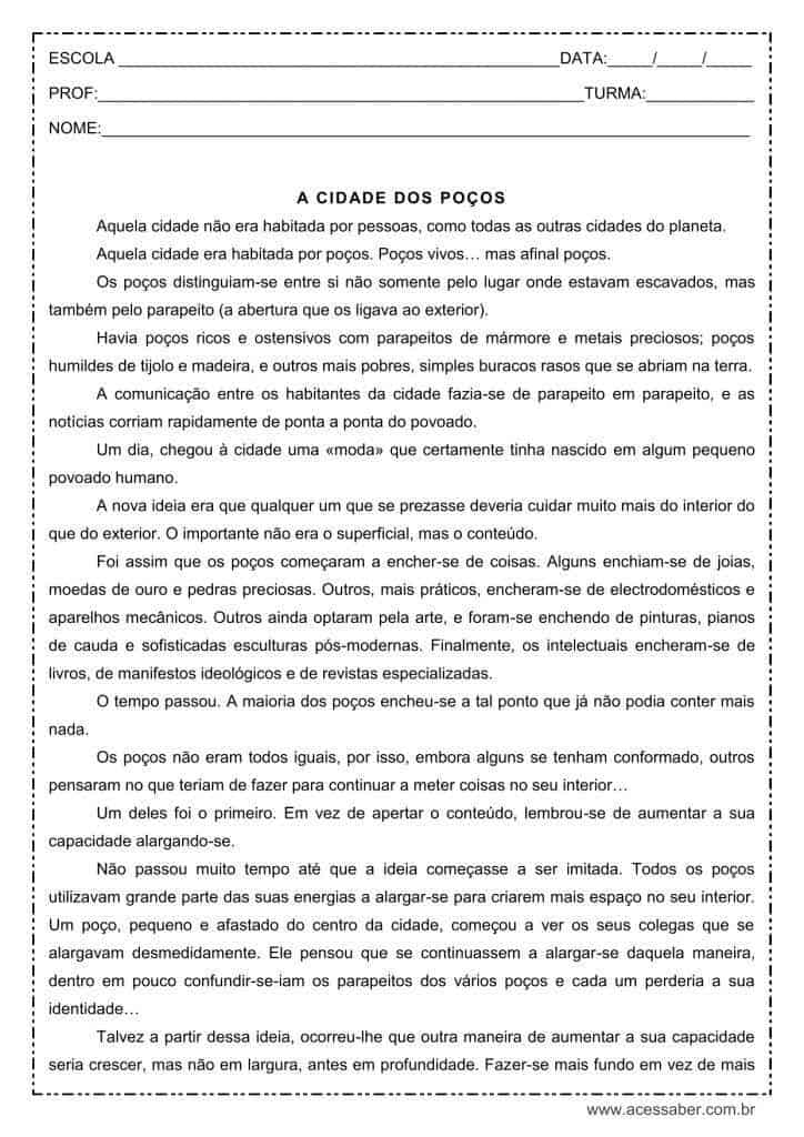 Interpretação de texto: A cidade dos poços - 6º ou 7º ano