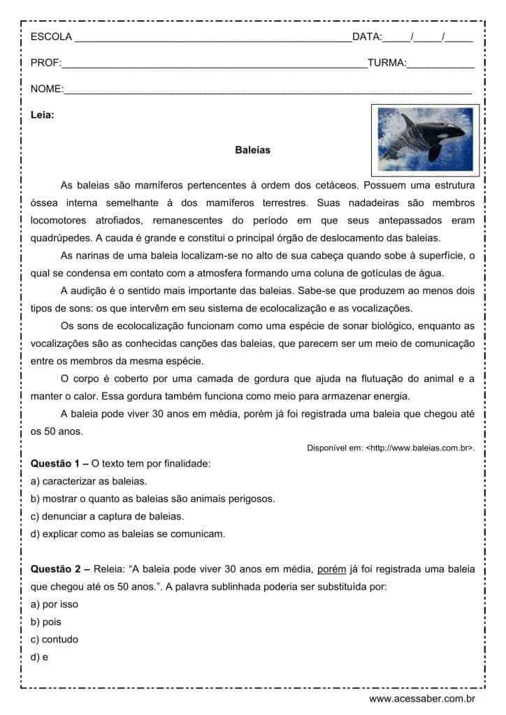 Interpretação de texto: Baleias - 7º ano