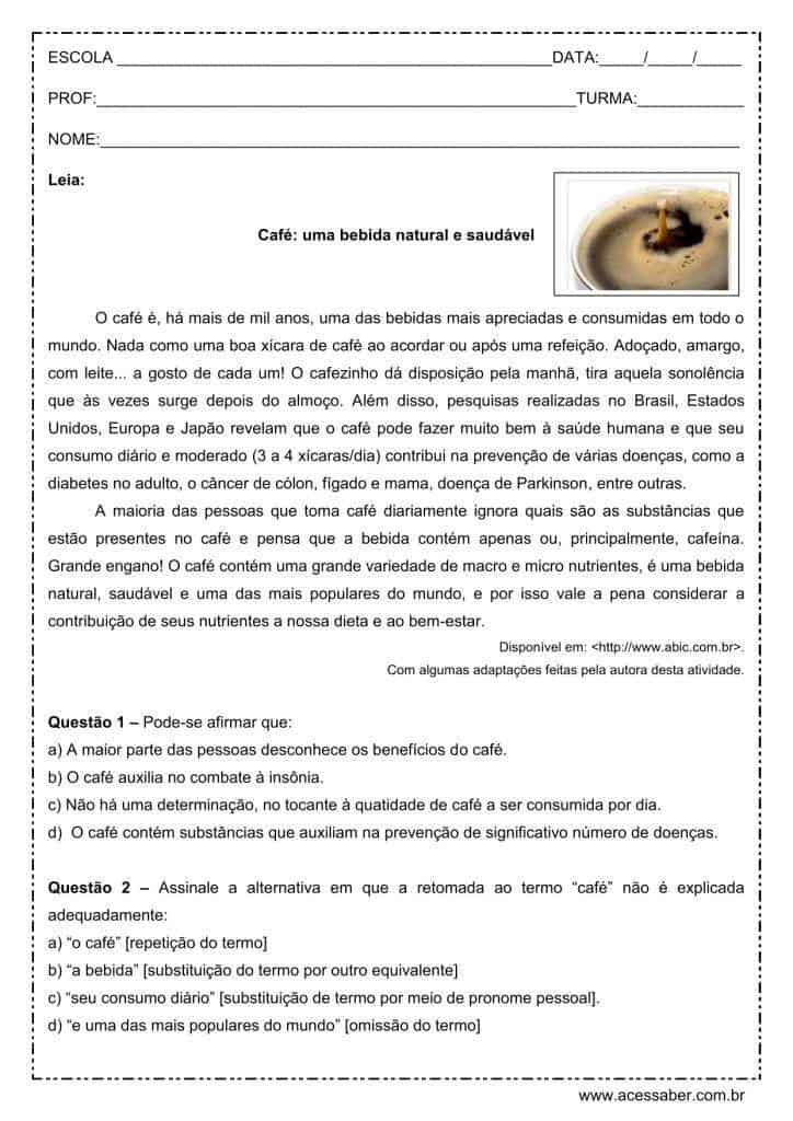 Interpretação de texto: Café, uma bebida natural e saudavel - 2º ano do ensino médio