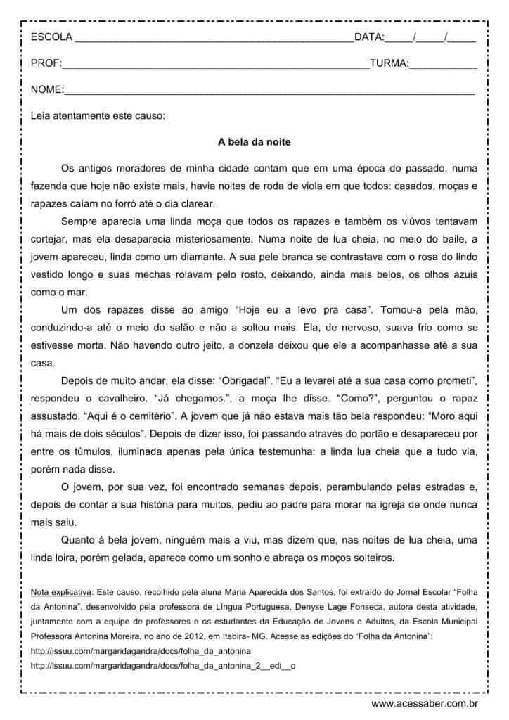 Interpretação de texto: A bela da noite - 1º ano do ensino médio