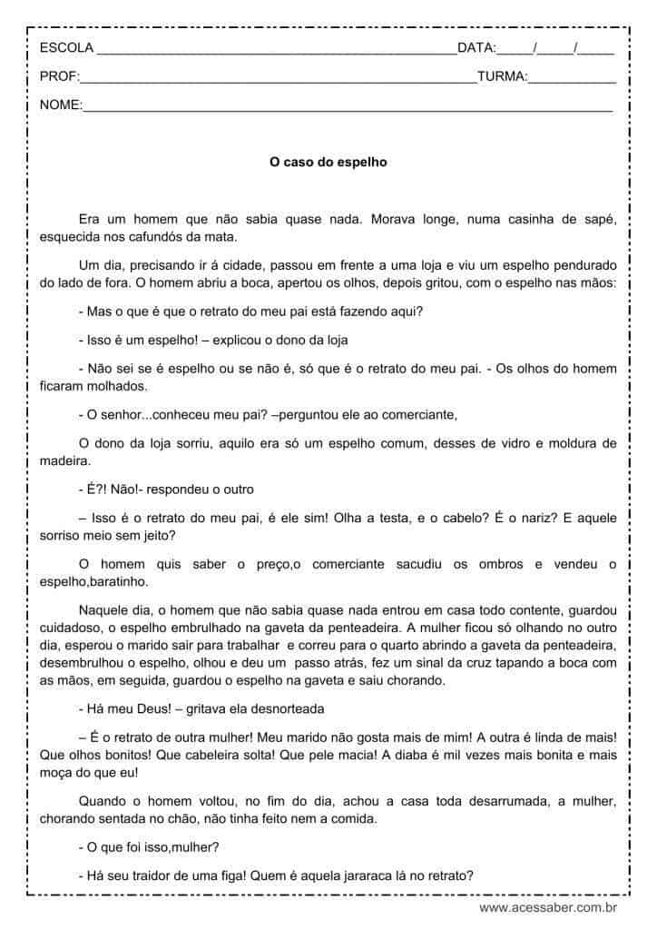 Interpretação de texto: O caso do espelho - 5º ou 6º ano
