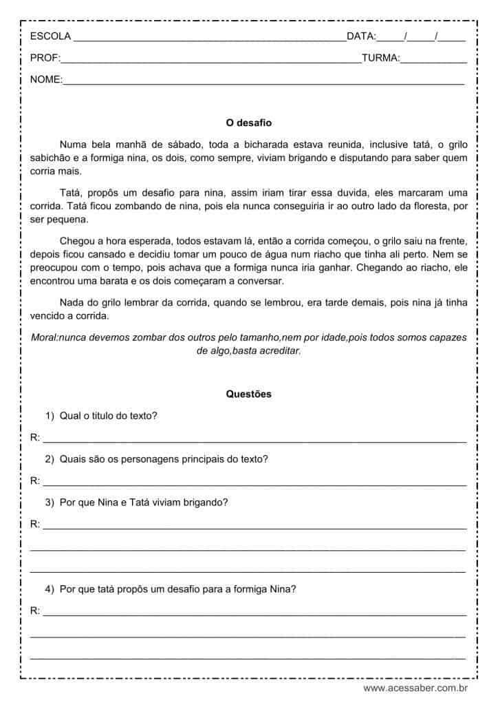 Interpretação de texto: O desafio - 3º ou 4º ano