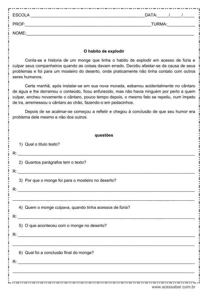 Interpretação de texto: O hábito de explodir - 3º ou 4º ano