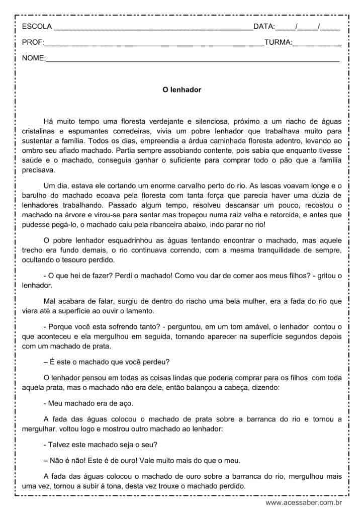 Interpretação de texto: O lenhador - 5º ou 6º ano