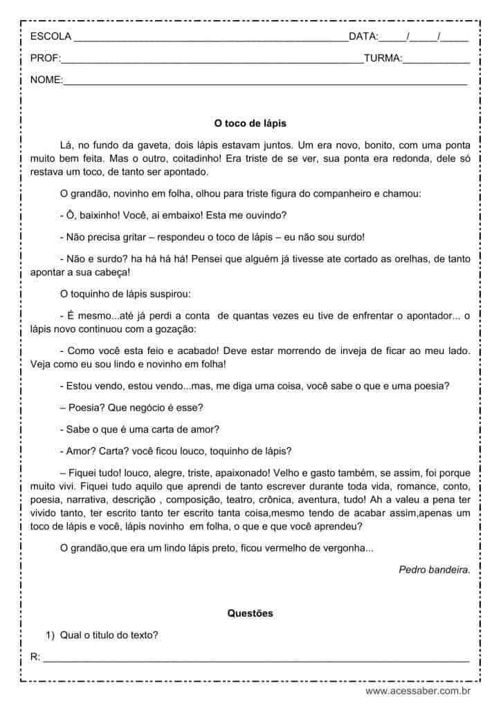 Interpretação de texto: O toco de lápis - 3º ou 4º ano