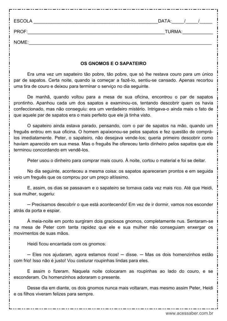 Interpretação de texto: Os gnomos e o sapateiro - 4º ou 5º ano