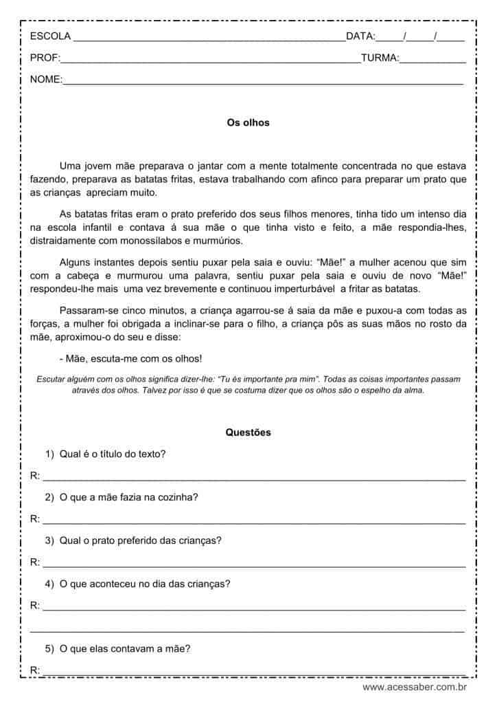 Interpretação de texto: Os olhos - 3º ou 4º ano