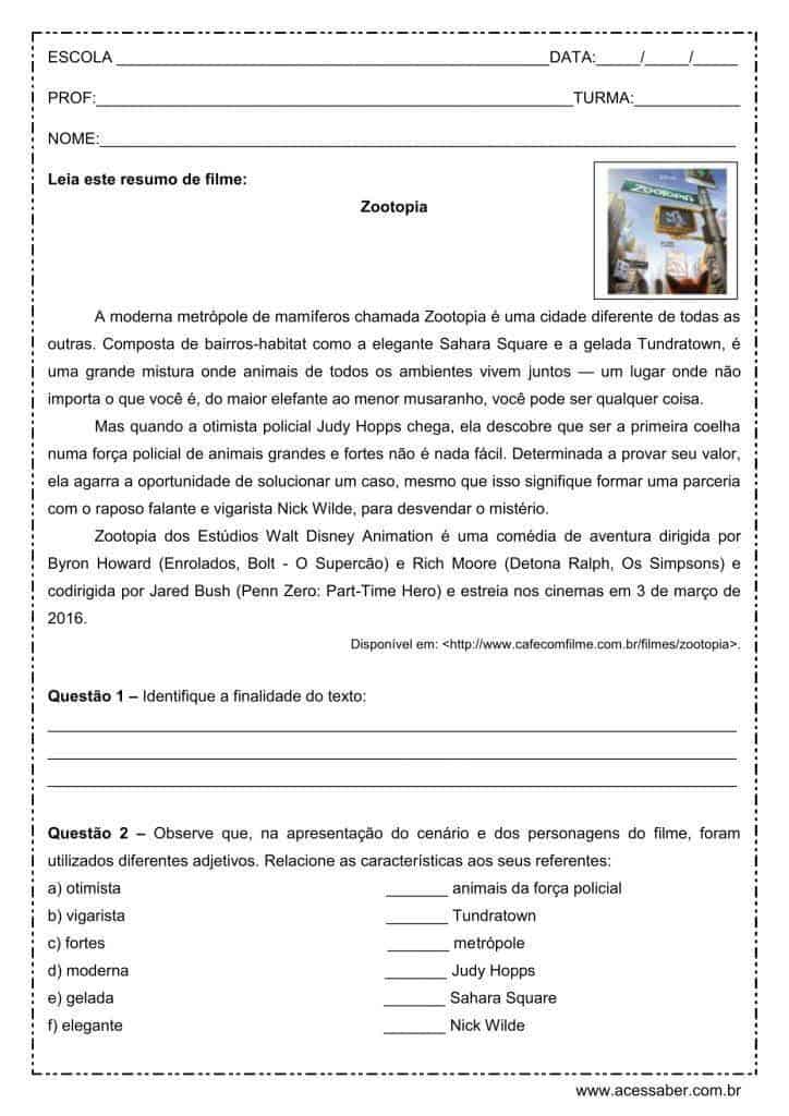 Interpretação de texto: Resumo do filme Zootopia - 6º ano