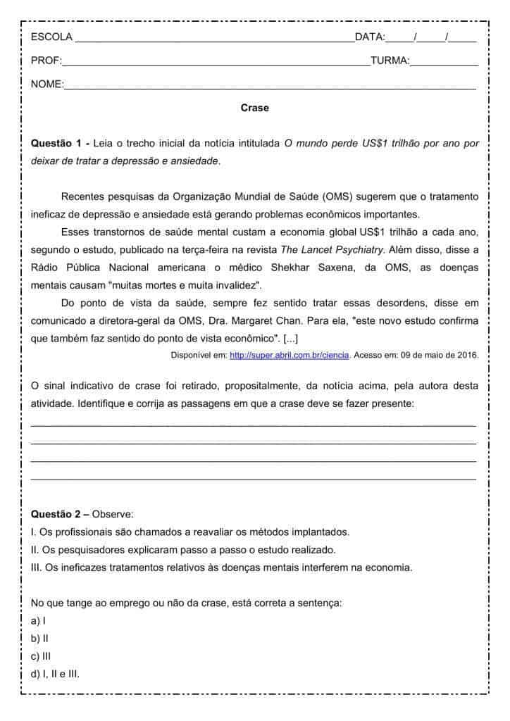 Atividade de português: Crase - 1º ano do ensino médio