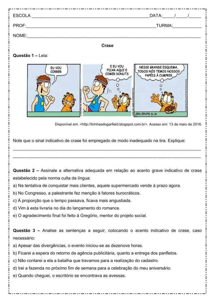 Atividade de português: Crase - Ensino médio