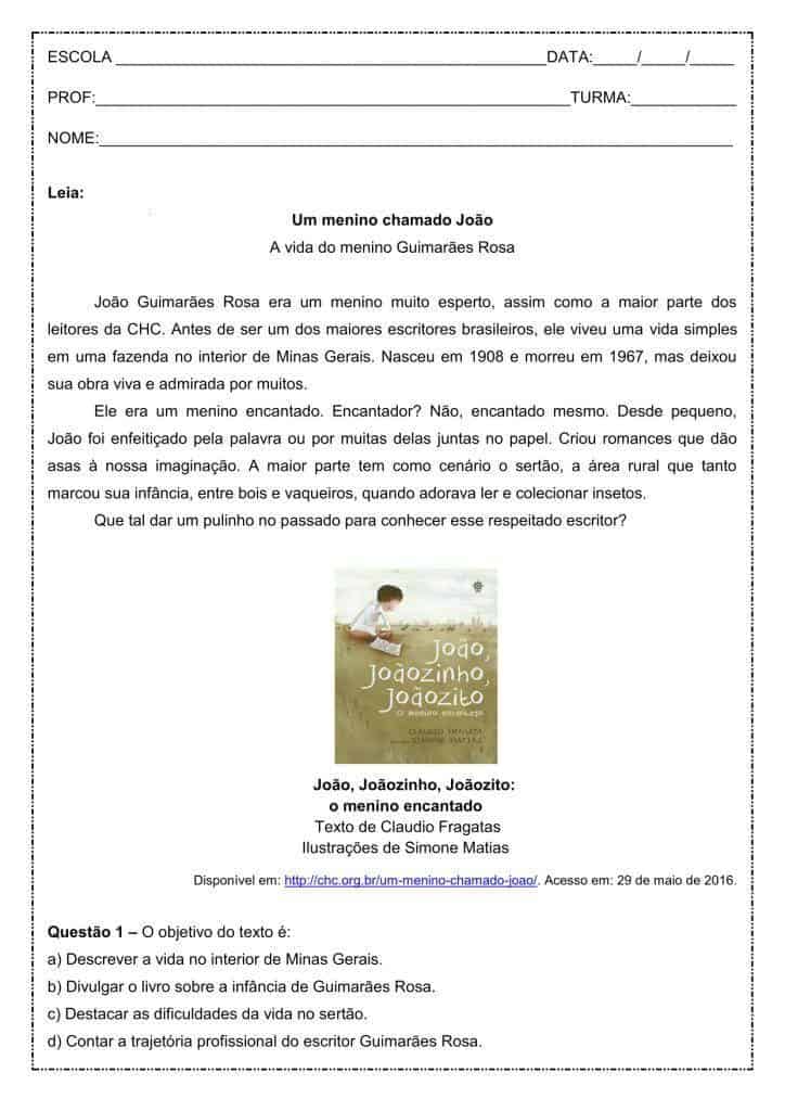 Interpretação de texto: A vida do menino Guimarães Rosa - 7º ano