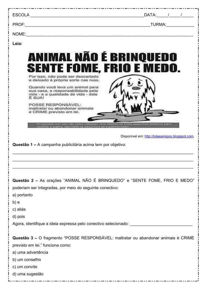 Interpretação de texto: Campanha publicitária "Animal não é brinquedo" - 6º ano
