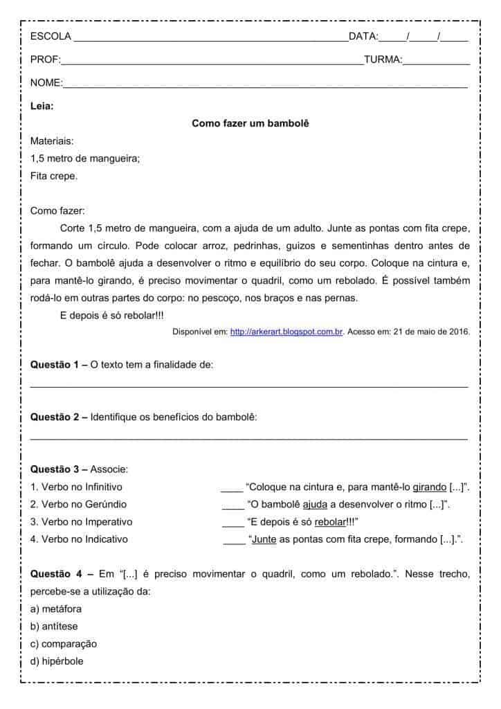 Interpretação de texto: Como fazer um bambolê - 8º ano