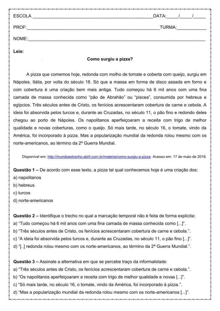 Interpretação de texto: Como surgiu a pizza - 6º ano