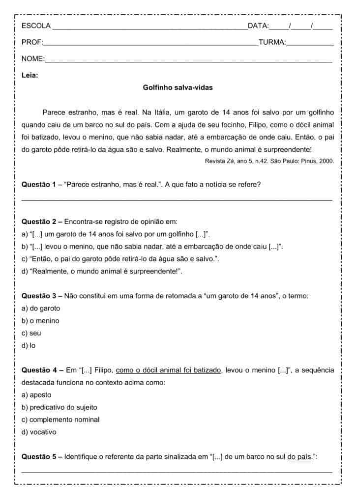 Interpretação de texto: Golfinho salva-vidas - 9º ano