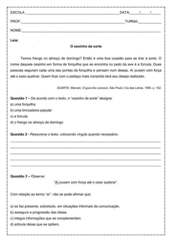 Interpretação de texto: O ossinho da sorte - 7º ano